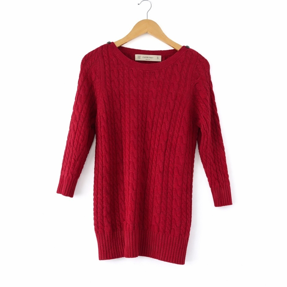 ZARA Knit Red Cable Sweater – Size L – 3/4 Sleeves - Picture 2 of 5